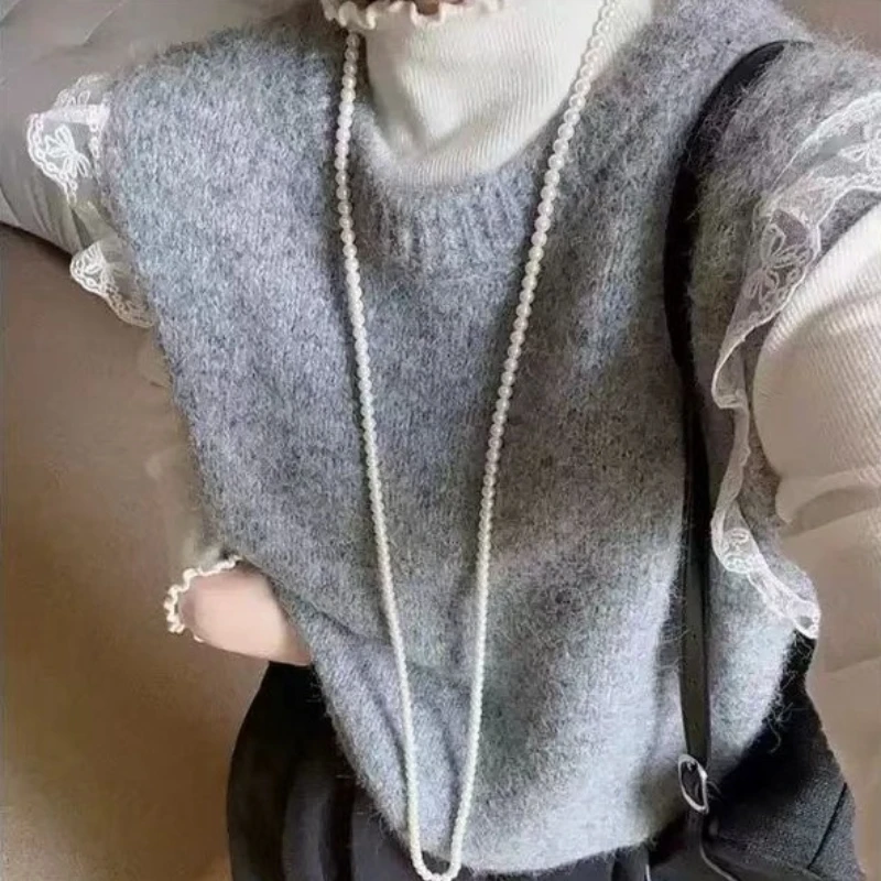 Retro Kant Splice Mouwloze Gebreide Tank Top Vrouwen Losse Luie Mode Gebreide Trui Ronde Hals Koreaanse Stijl Vest Lente 2025