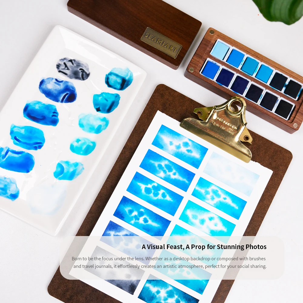 SeamiArt-Juego de acuarelas sólidas profesionales, glaciers de 12 colores, tono azul, con caja de pintura de nogal, paleta para suministros de arte