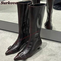 Retro Autumn New Style Belt Buckle Short Boots Pointed Short Heel Side Zipper Sheepskin Long Boots Slim Casual Ladies Long Boots