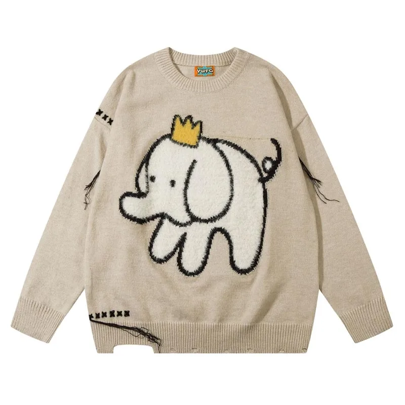 Autumn Knitted Pullover Sweaters Men Cartoon Elephant Jacquard Loose Sweater Japanese Harajuku Casual Jumpers Unisex Streetwear