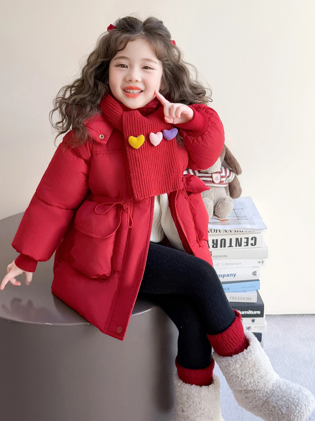 

Girls Winter Cotton Jaet with Hood Thiened Floing Warm Waist-Cinching Outerwear Children's Faionable Coat for Girls