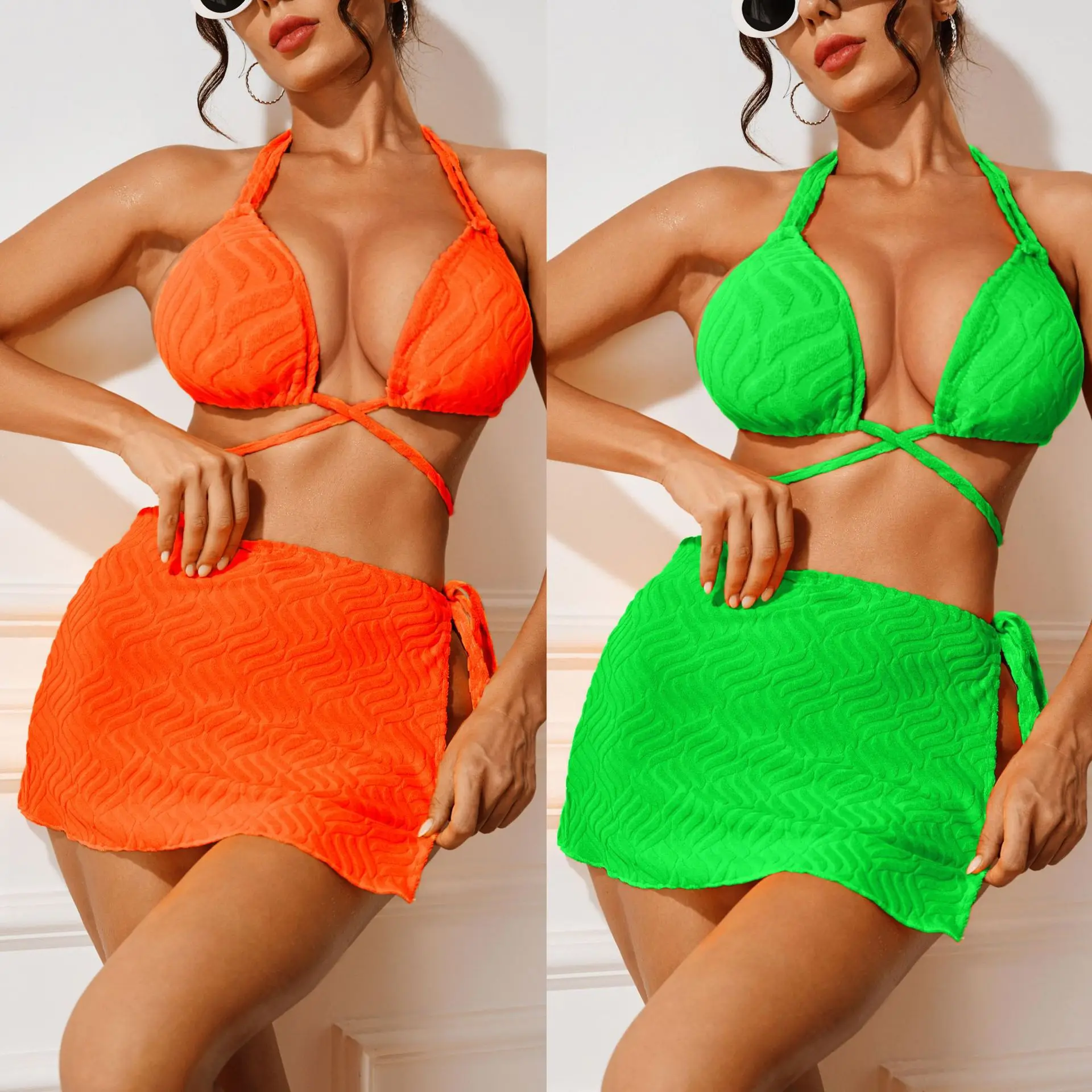 Hot selling special fabric pattern three piece swimsuit split swimsuit sexy bikini women