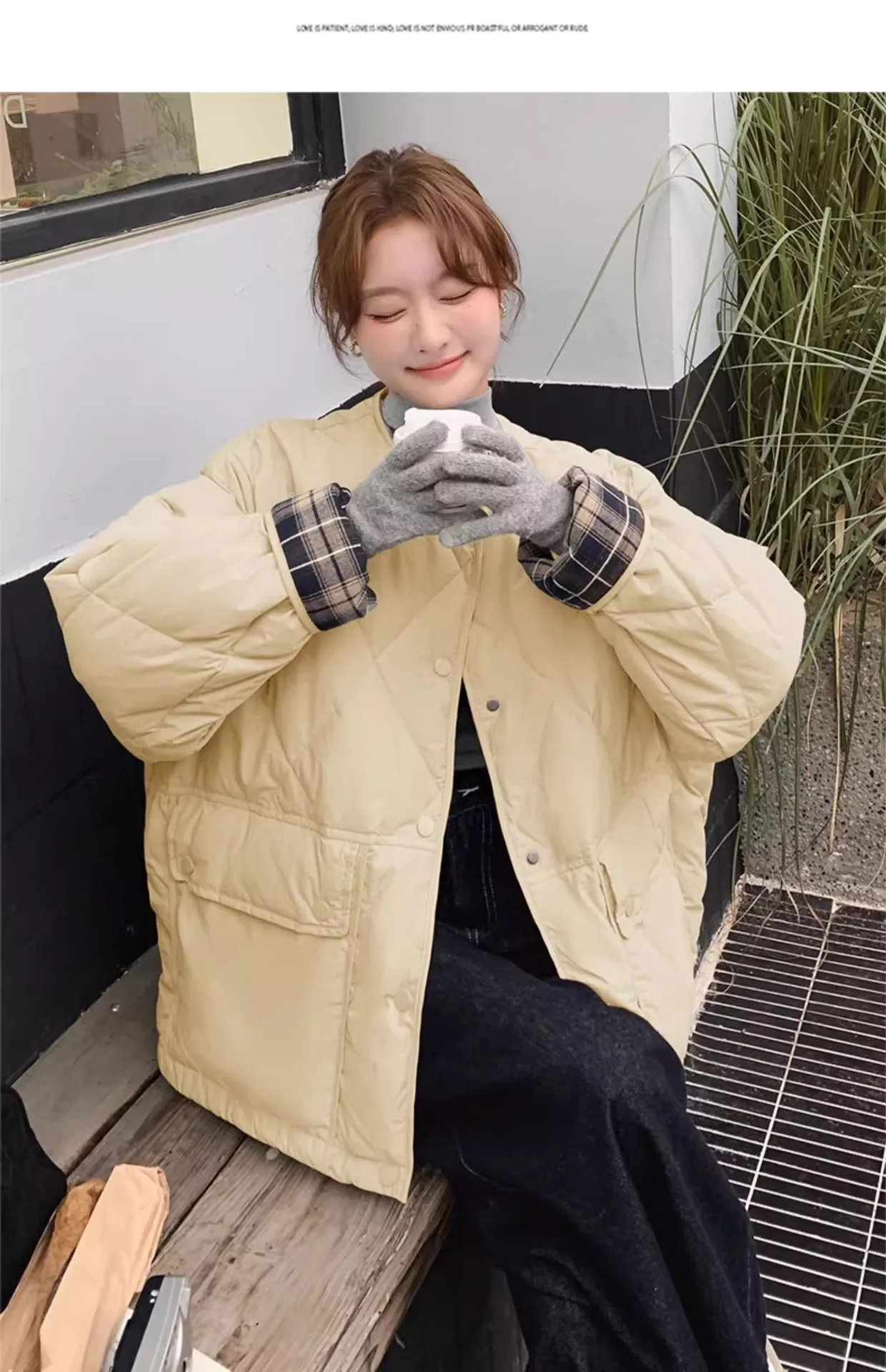 Retro Plaid Patchwork Lightweight Puffer Jacket Autumn Winter Loose Casual Quilted Jacket Female Round Neck Commute Padded Coats