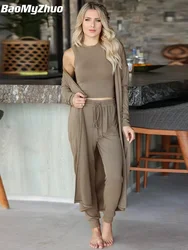 2024 Spring 3 Piece Outfits Women Vest Long Cardigan Pencil Pants Set Ladies Sportswear Trouser Suits Home Lounge Wear Sets