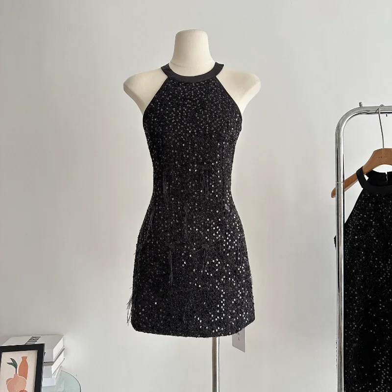 

Shiny Black Fashion Party Mini Dress Female Sequins Hanging Neck Slim French Chic Sexy Sleeveless Wedding Women Mini Dresses