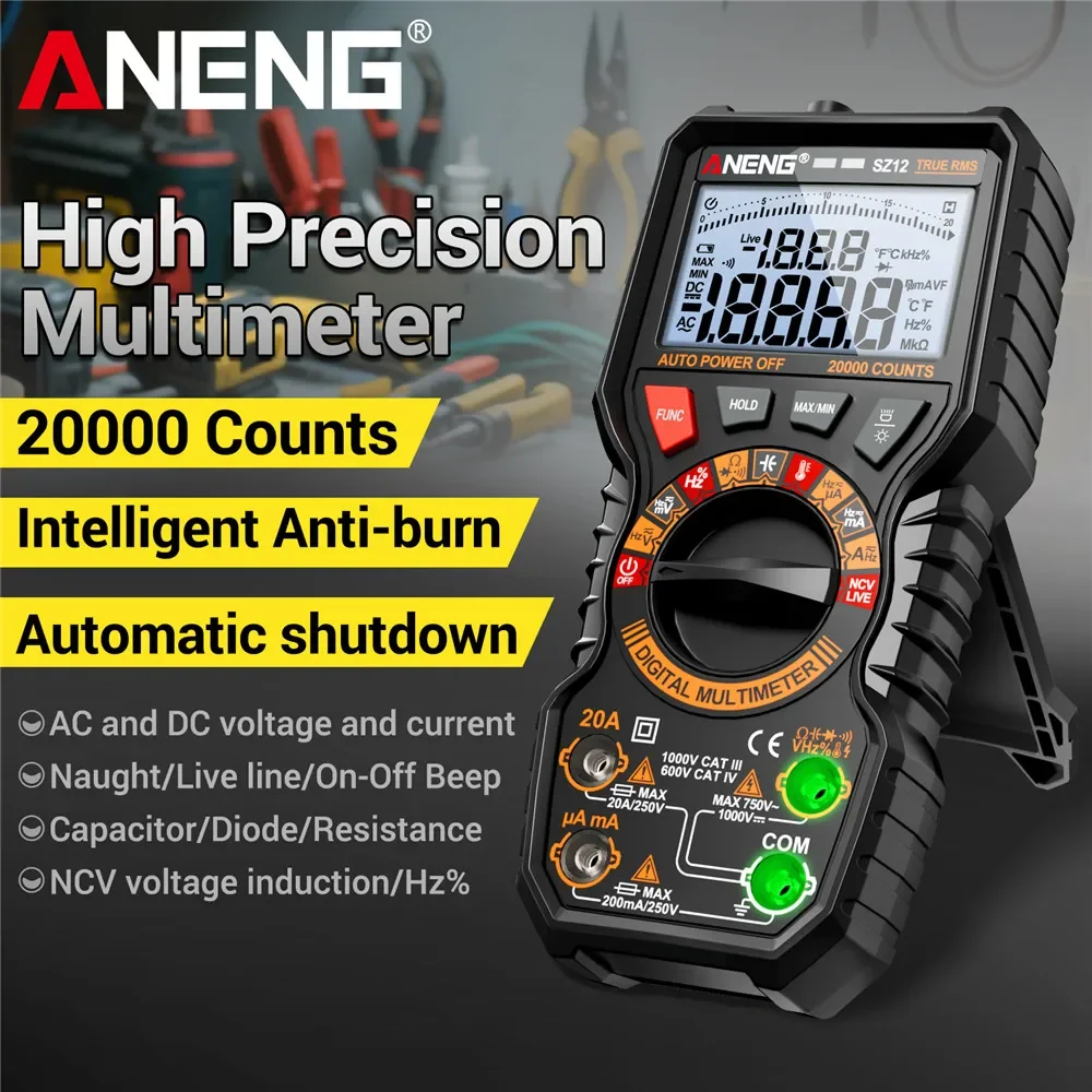 

ANENG SZ12 Multimeter Capacitor 20mF Test AC/DC NCV Voltage Induction Tester 20A Meter Hz Ohmmer Neutral/Hot Wire Detect Tools0