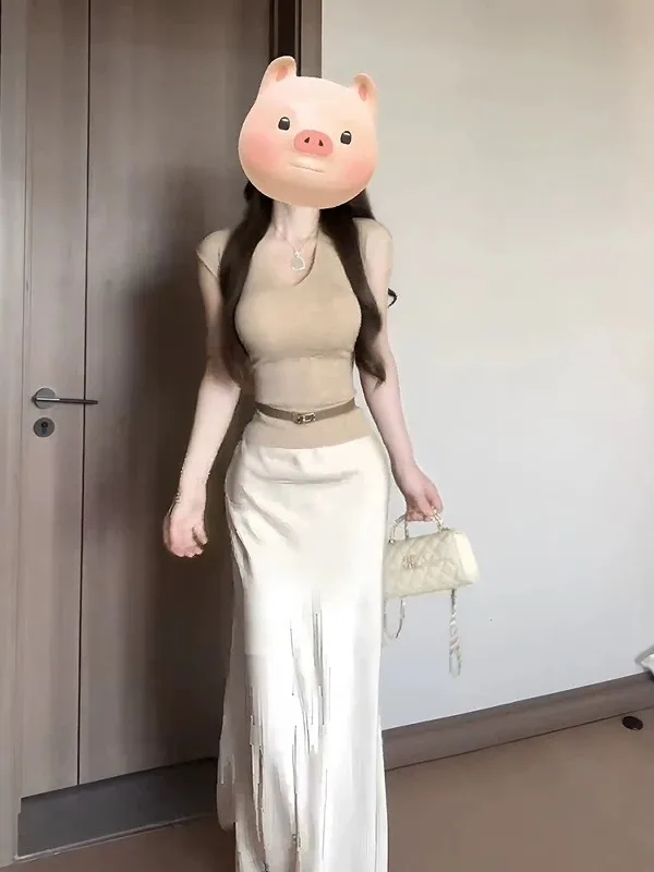 

Women's V-neck Slimming Top And High-waist Skirt Two-piece Set Spring Fashion Elegant Lady Style Short Sleeve Casual Wear
