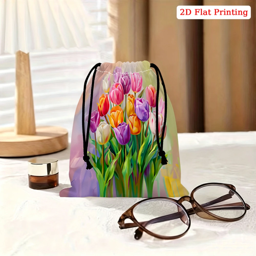1pc Floral Tulip Print Drawstring Bag Multicolor 2d Flat Printing Storage Small Pouch For Travel Cosmetics Jewelry Organization