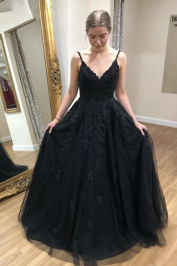 Robe de Bal Noire Personnalisée avec Col en V pour Fille, Tenue Formelle en Dentelle, Bretelles Spaghetti, Tulle, Fermeture Éclair au Dos