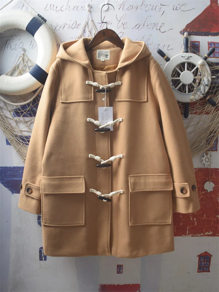 [En Stock] Abrigo de Mujer de Alta Calidad, 100% Algodón, Chaqueta con Bolsillos Grandes, Estilo Informal, Hebilla de Cuerno, Abrigo de Lana