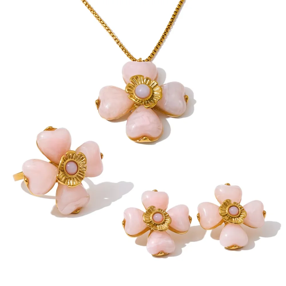 Women's Acrylic Flower Pendant Necklace & Ring Set
