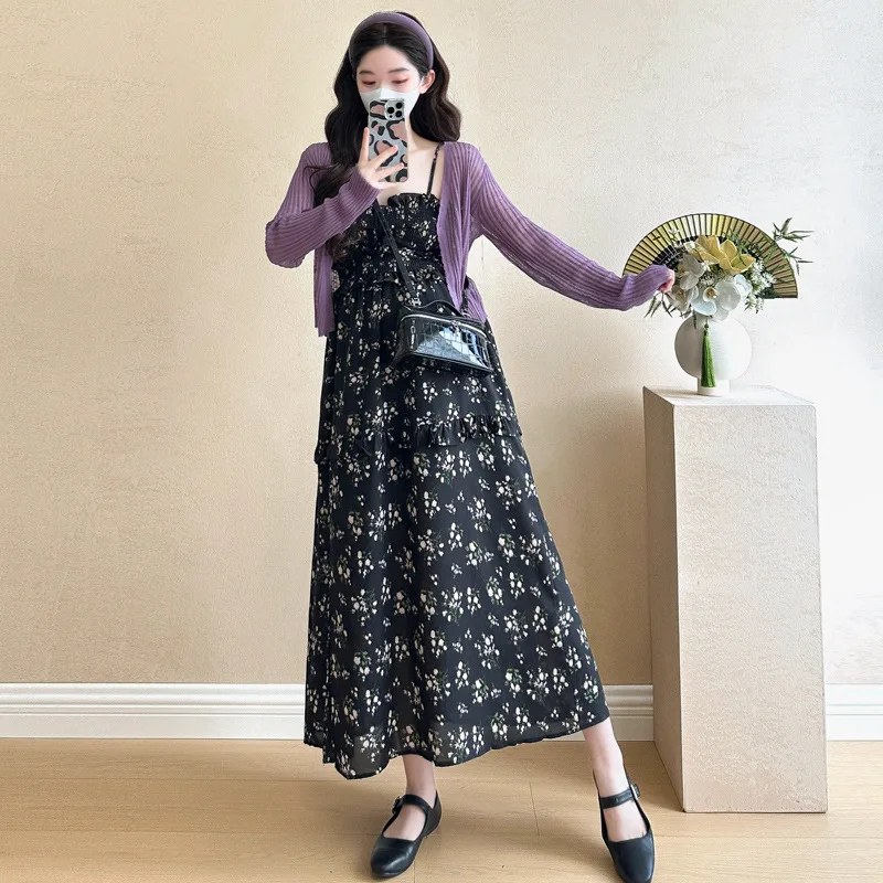 Ropa de verano para mujeres embarazadas con pequeños estampados florales, faldas con tirantes, camisas de manga larga, conjunto de dos piezas