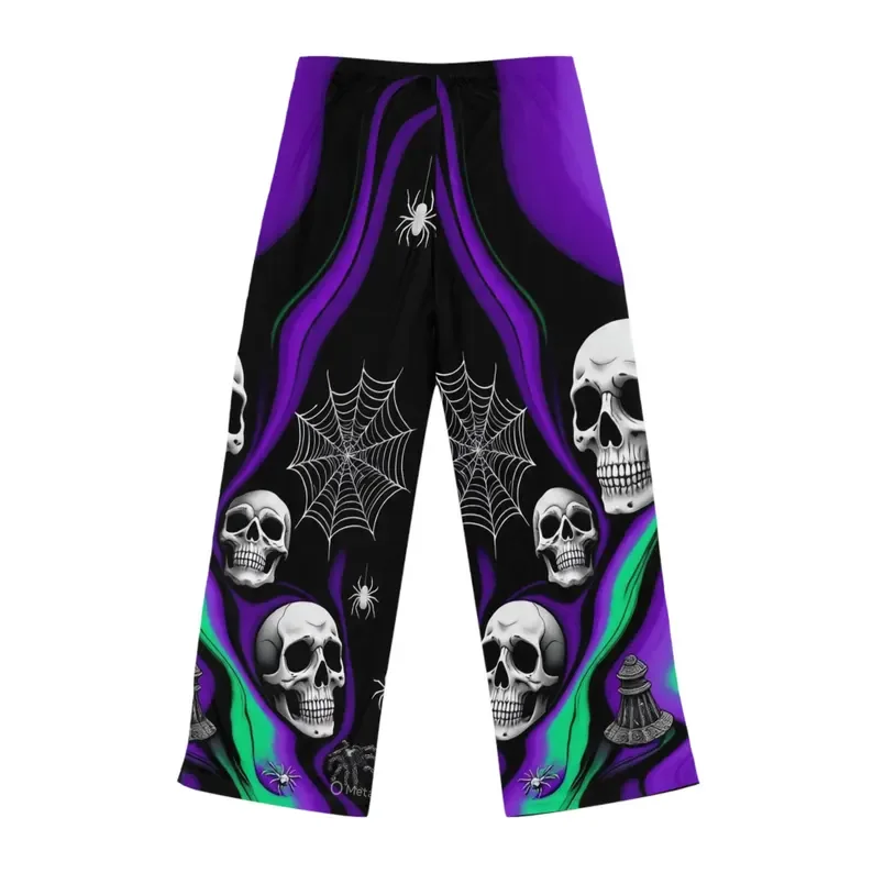 Unisex Gothic Skull Spider Web Print Psychedelic Green Purple Wave Pattern Halloween Party Horror Style Street Casual Pants