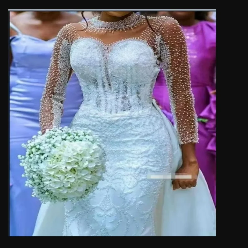 Customized Sparkly Sequins Bead Wedding Dress with Removable Skirt African Plus Size Vestidos De Novia Long Sleeves Bridal Gown
