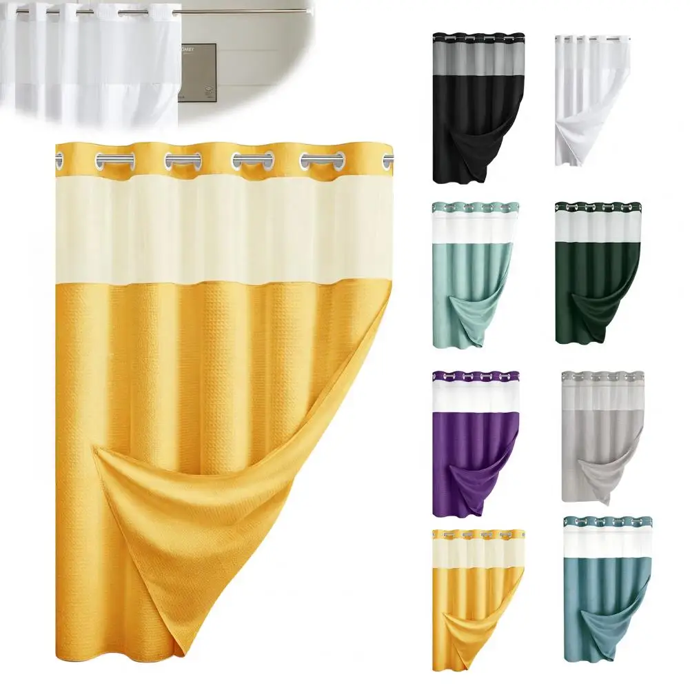 Waterproof Shower Curtain with on Liner Translucent Mesh Top Shower Curtain Waterproof No Hook Shower Curtain with Snap-on Liner