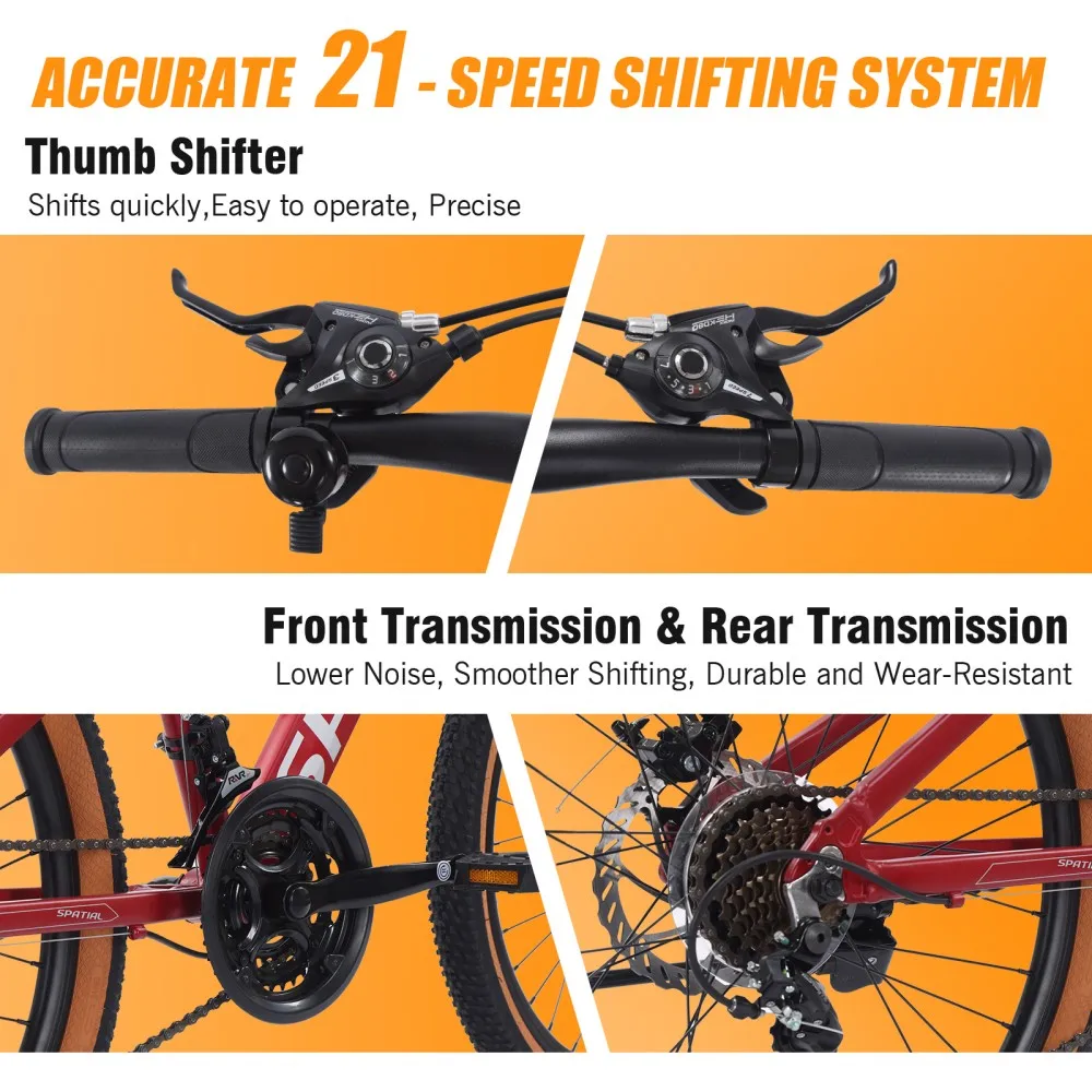 دراجة جبلية SPATIAL مقاس 24 بوصة، إطار ألومنيوم 21 سرعة MTB مع فرامل قرصية مزدوجة للمراهقين والبالغين
