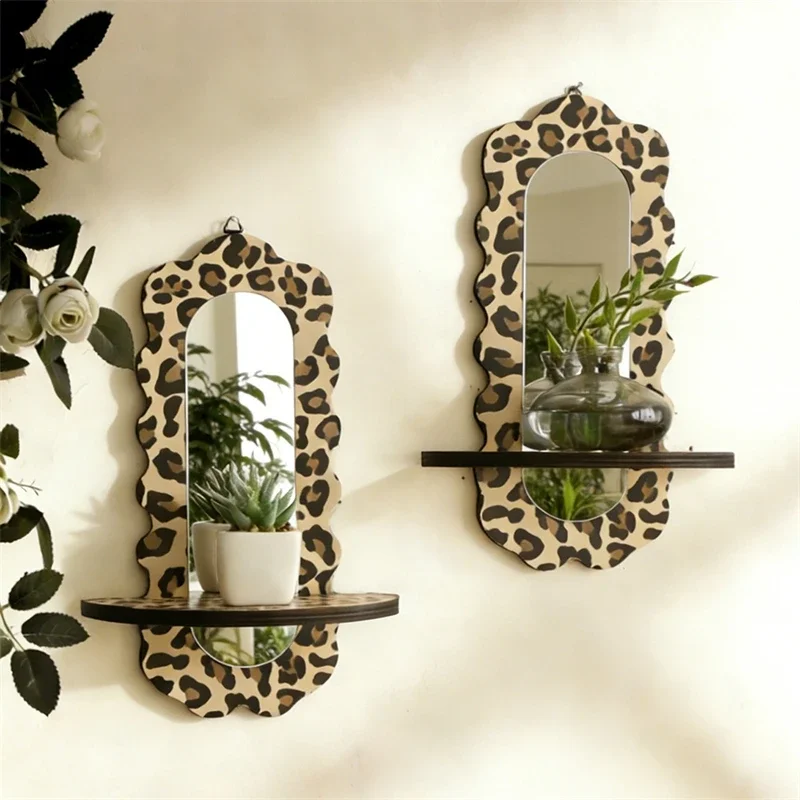 New Leopard Print Acrylic Mirror With Wooden Shelf Wave Edge Wall Mounted Decorative Mirror For Home Decor Plants Flower Pots