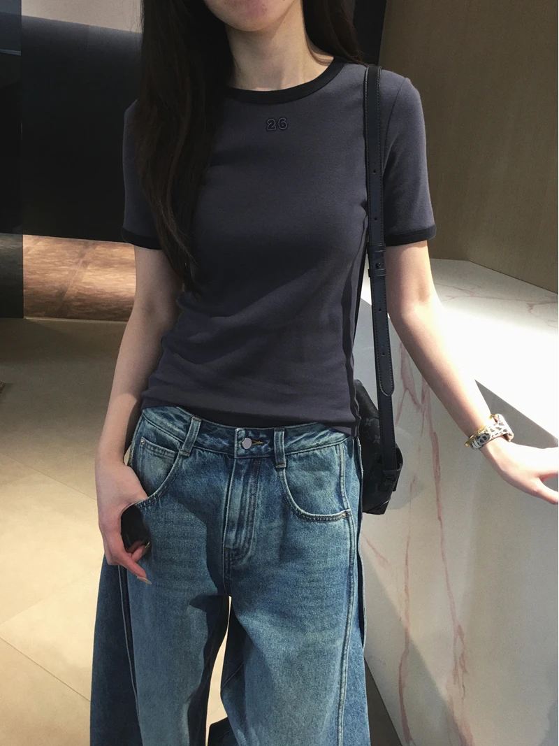 

Женская футболка Cuijia из высококачественного хлопка с тонким рубчатым плетением, в ретро-стиле, с цветными блоками и цифровой вышивкой, с коротким рукавом, круглым вырезом, стандартного кроя.