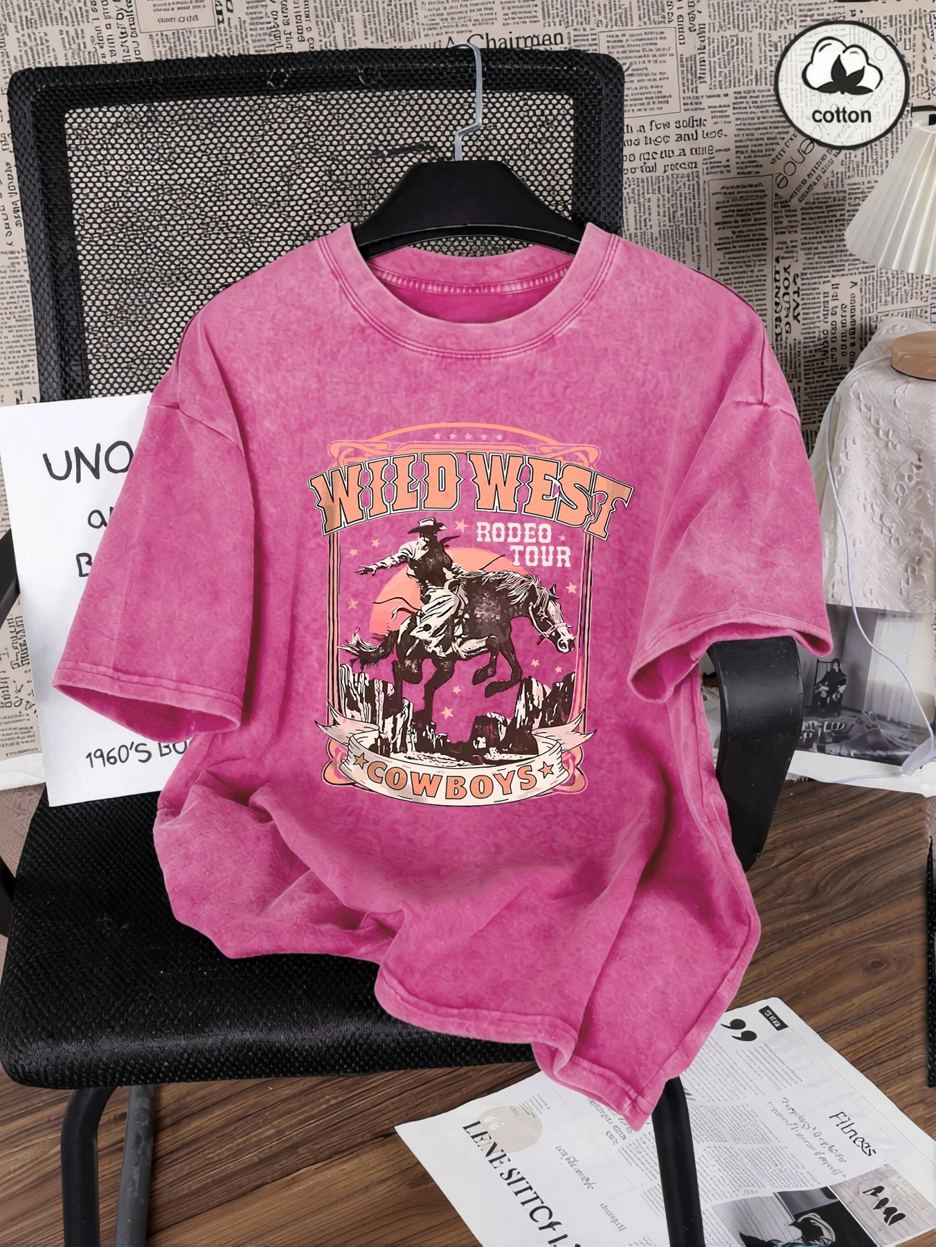 Wild West Cowboys Print Snow Wash Damen T-Shirts Hip Hop Sommer T-Shirt Lässige gewaschene Kleidung Baumwolle Übergroße kurze Ärmel