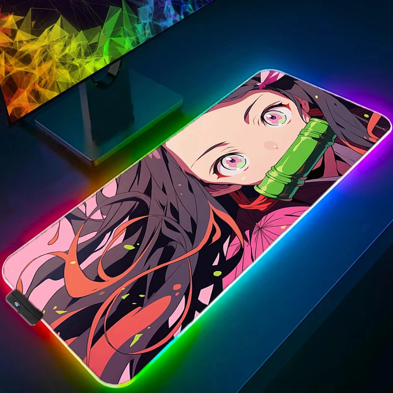 

RGB Japan Anime Mouse Pad Laptop Kawaii Pink Girl Keyboard Rug LED Luminous Mousepad XXL PC Demon Slayer Kamado Nezuko Desk Mat