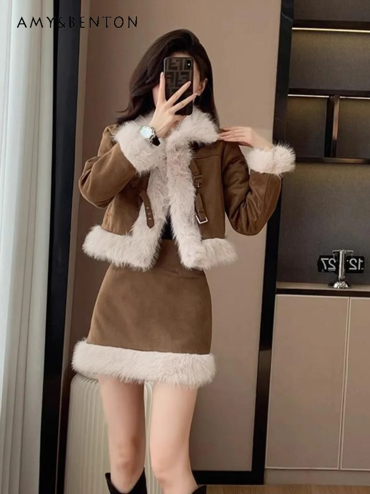 

2025 Autumn Winter Korean Style Black Short Skirt Two-Piece Set High-End Coffee Color High-Waisted Slim Long Skirt Set