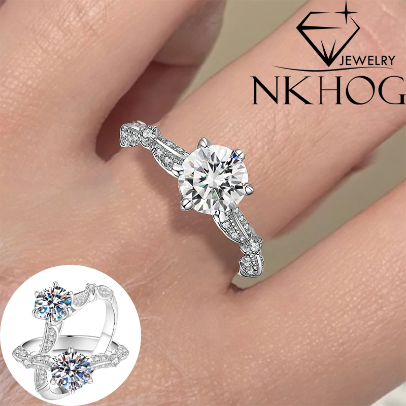 NKHOG 1CT 6.5mm Round Moissanite Rings For Woman 925 Sterling Silver Ring D VVS1 Wedding Anniversary Certified Fine Jewelry Gift