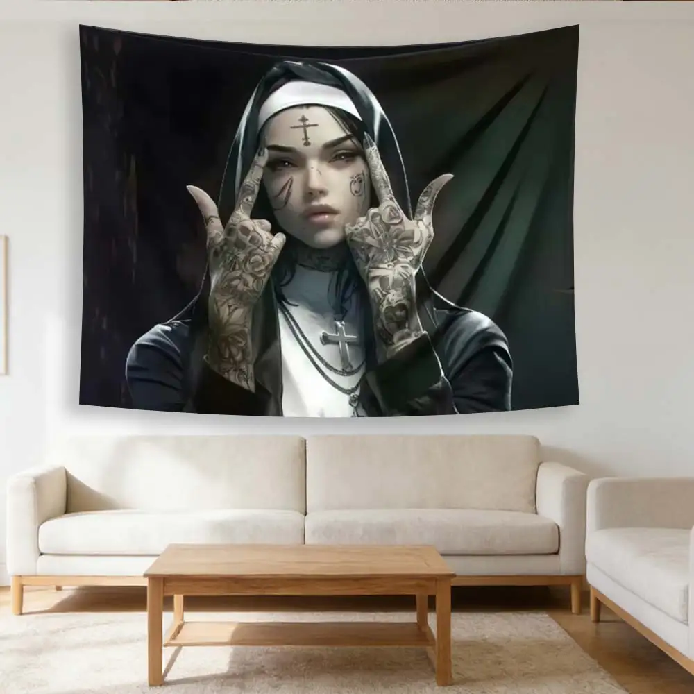Dark Tattoo Nun Tapestry, Flat Print Gothic Wall Decor with Rock Hand Gesture & Text Frame, Gothic Themed Art for Living Room