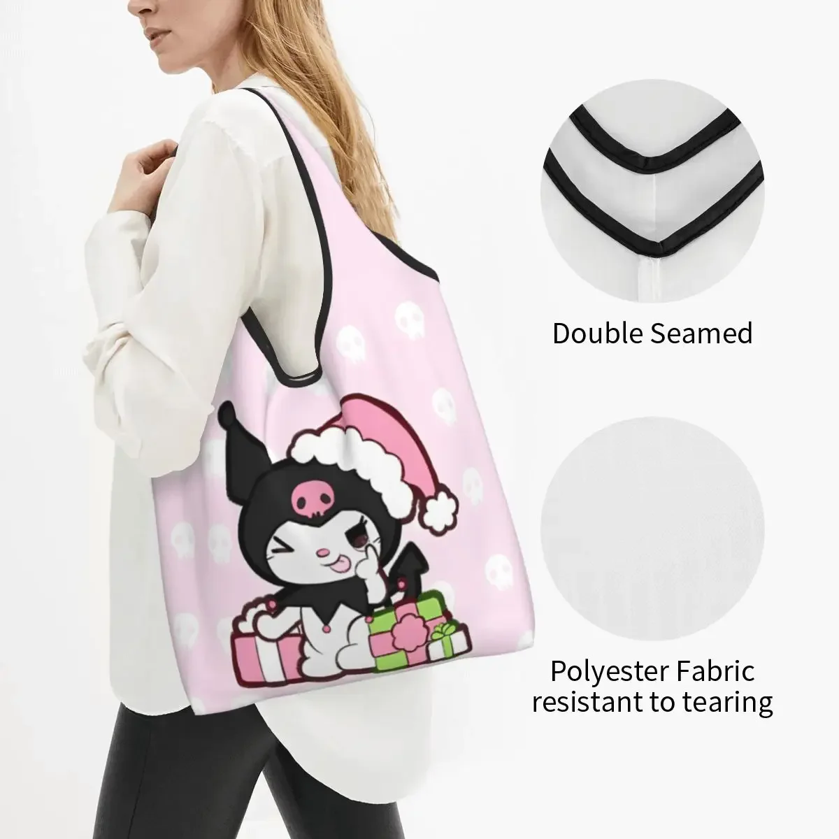 Reusable Pink Kuromi Christmas Cutie Grocery Bag Foldable Machine Washable Shopping Bags Large Eco Storage Bag Attached Pouch