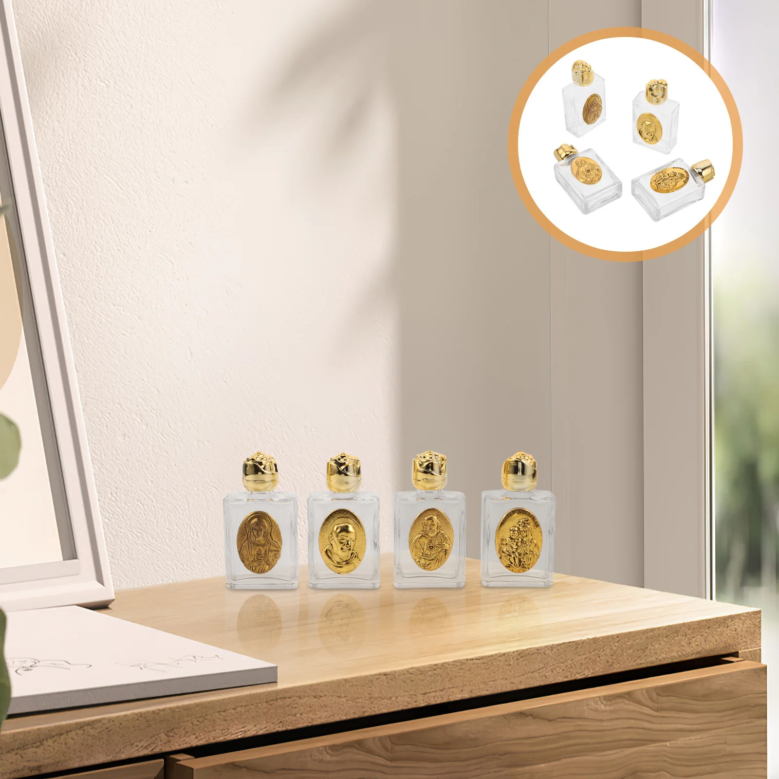 

4Pcs Glass Holy Water Bottle Embossed Religious Travel Container for Church Catholic Baptisms Spiritual Events 15ml