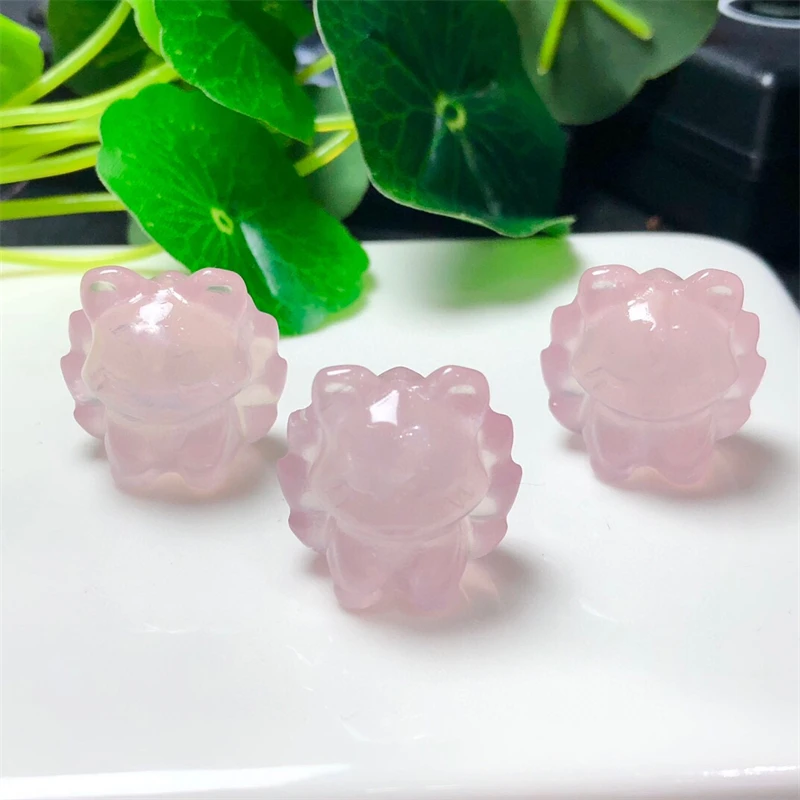 3PCS Natural Rose Quartz Nine-tailed Fox Carving Healing Reiki With Hole Fashion Jewelry For Friends Gift 22MM