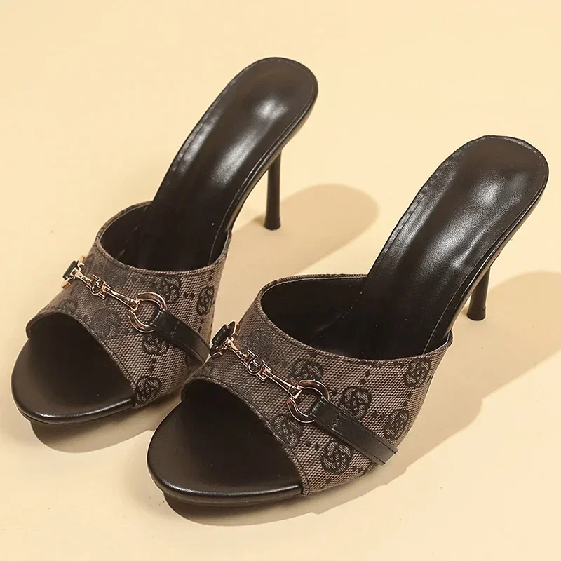

Women Fashion Design Printed Thin Heeled Sandals Fashion Dress street Party luxury Shoes Metal Buckle High Heels Slippers