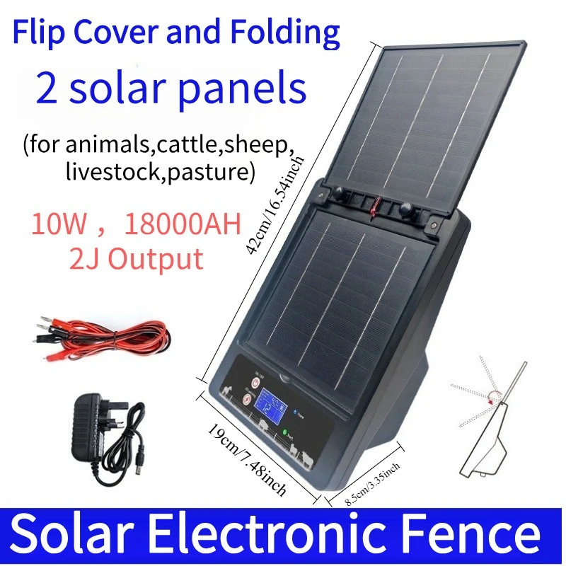 10KM 2J Solar Electric Fence Energizer 6-12KV Adjustable Controller 18000mAh Battery for Livestock Poultry Farm