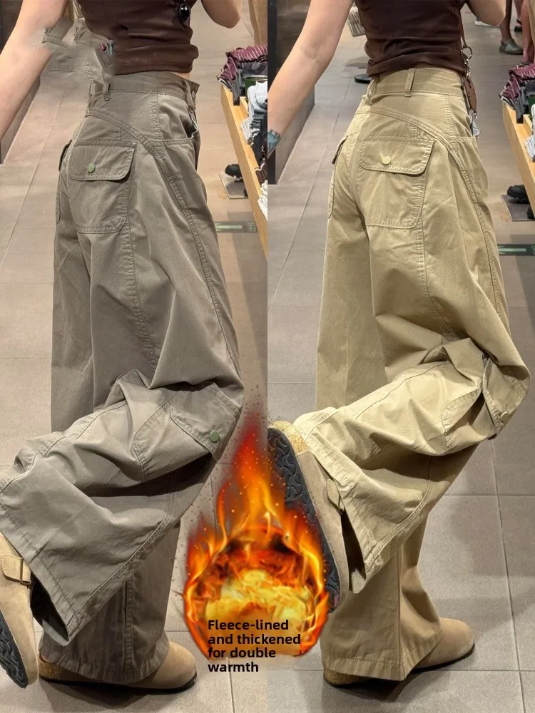 

Американские повседневные брюки цвета хаки с флисовой подкладкой, широкие, для работы, больших размеров, женские, осенне-зимние, свободного кроя, стройнящие, универсальные, повседневные, трендовые