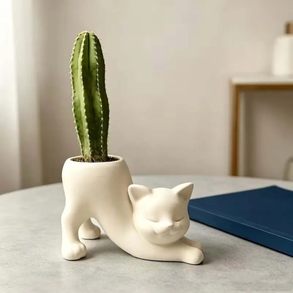 Unique Irregular Shape Cat Plant Pot 3D Printed Ornaments Kitten Planter Plastic Holder Flowerpot Office