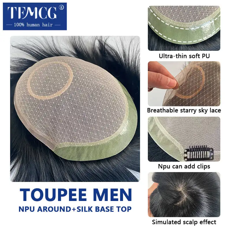 Toupee Men Lace & Pu With Silk Base Breathable Hand Tied Male Wig 100% Human Hair Male Hair Prosthesis Durable Exhuast System