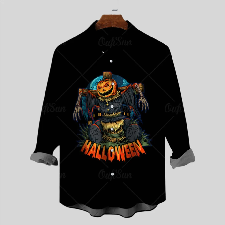 

Men's Long Sleeve Shirts Casual Print Halloween Shirts for Men Fashion Turn Down Collar Pumpkin Bat Print Shirt Mens Clothing