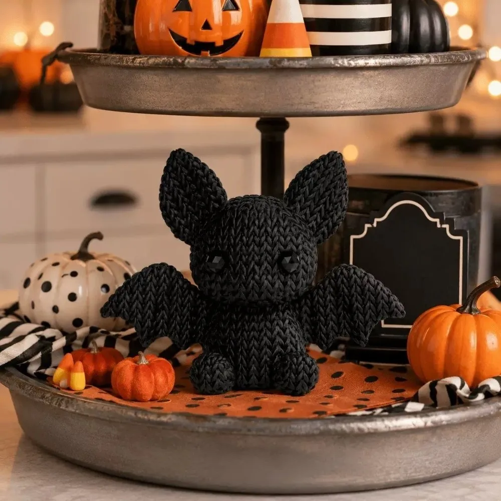 3D Printed Mini Knitted Texture Bat Figurine Gothic Faux-Knitted Bat Desktop Ornament Crochet-Style Aesthetic