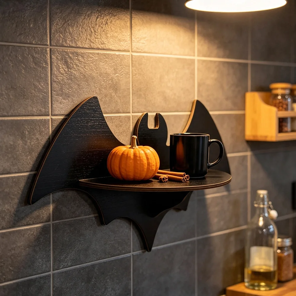 Halloween Wooden Wall Shelf Ghost Bat Spider Web Floating Display Rack Gothic Home Party Decor Storage Holder for Candle Crystal