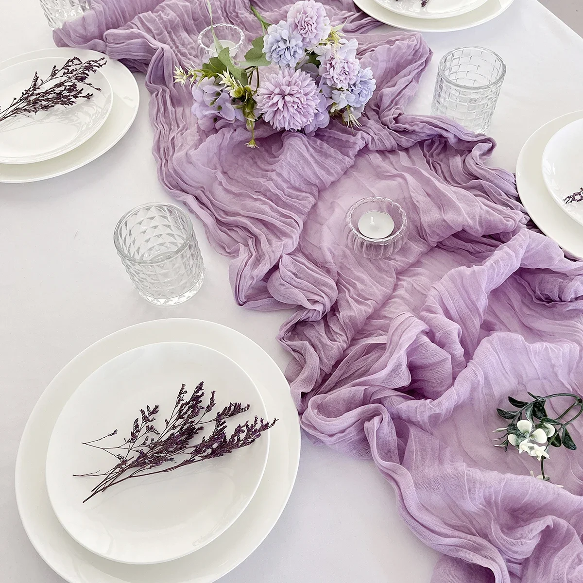 5PCS Purple Semi-Sheer Gauze Wedding Table Runner Vintage Cheesecloth Dining Party Christmas Banquets Arches Cake Table Decor