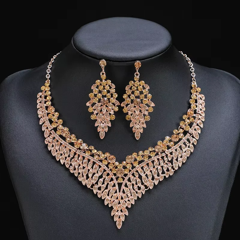 Sparkling Multicolored Leaf Crystal Necklace Earrings 2-Piece Set for Women's Dinner Party Dance Party Dress Accessories