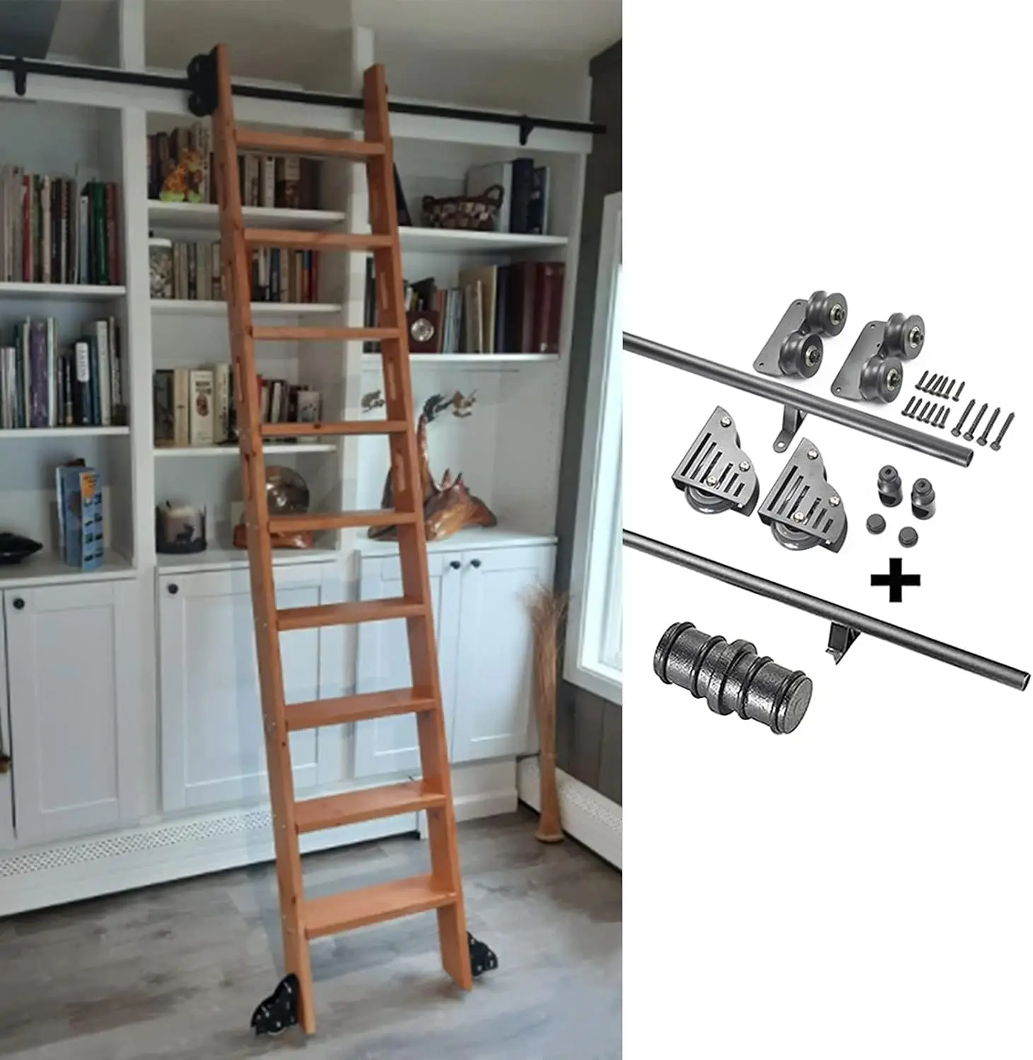 Sliding Barn Door Kit 3.3Ft-20Ft Sliding Ladder Library Full Set Hardware Rolling Track(No Ladder), With Floor Roller Wheels,