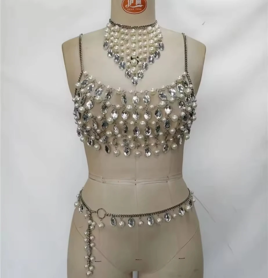 New European And American Style Pearl Vest, Sexy Metallic Women's Multi-Layer Top, Bra, Chest Chain 3-Piece Set