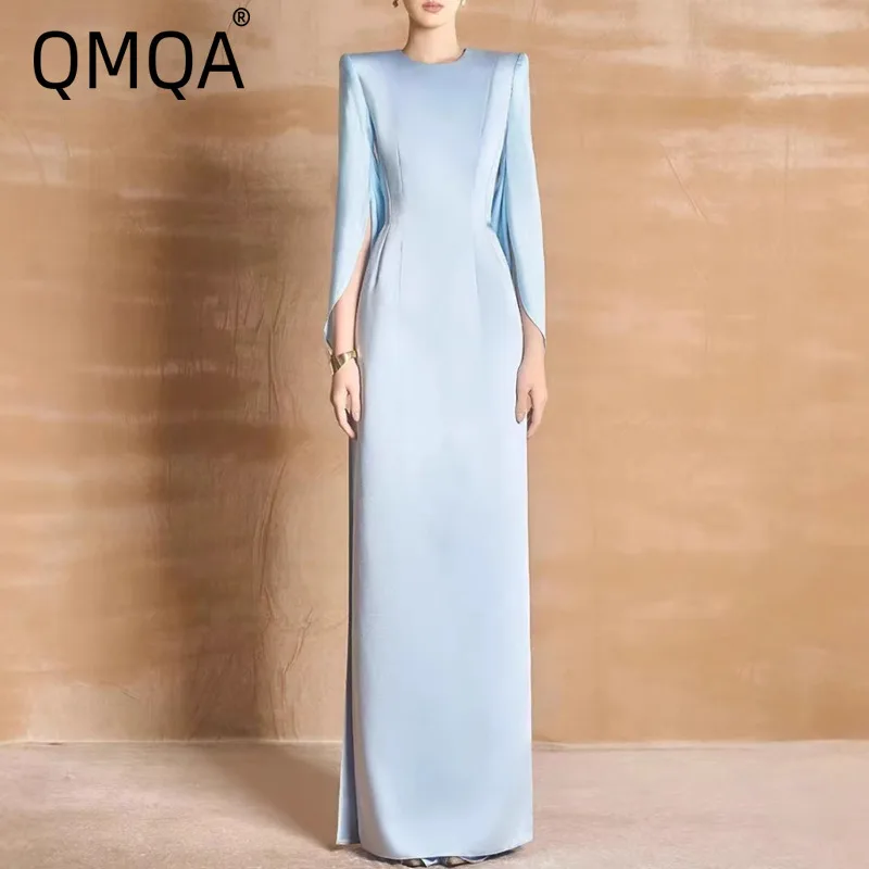 QMQA Mode dames elegante avond satijnen splitjurk eenvoudige effen kleur lange mouwen jurken 2025, nieuwe herfstkleding QM755