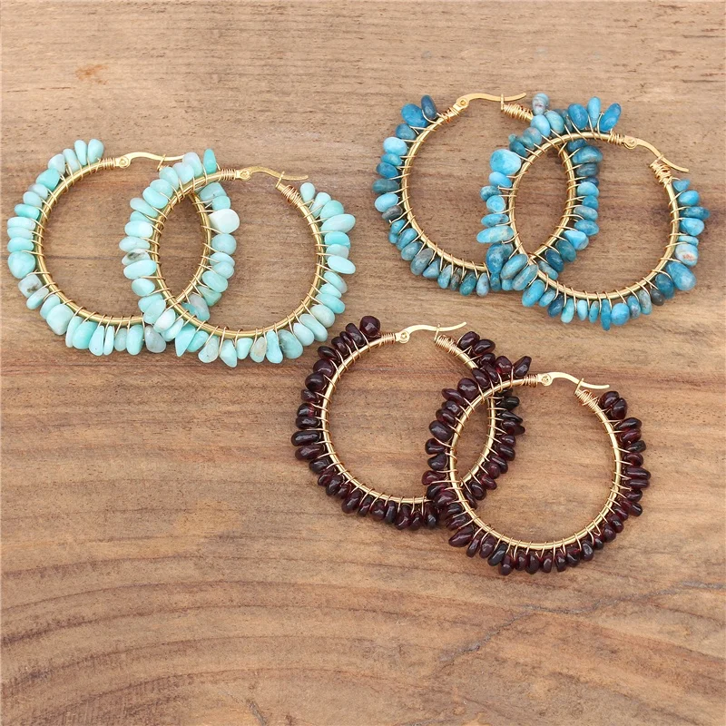 Pendientes de aro envueltos en alambre de oro de 18k para mujer y niña, joyería Bohemia hecha a mano, piedra Natural de Amazon, cuentas de Chip de Garget, venta al por mayor