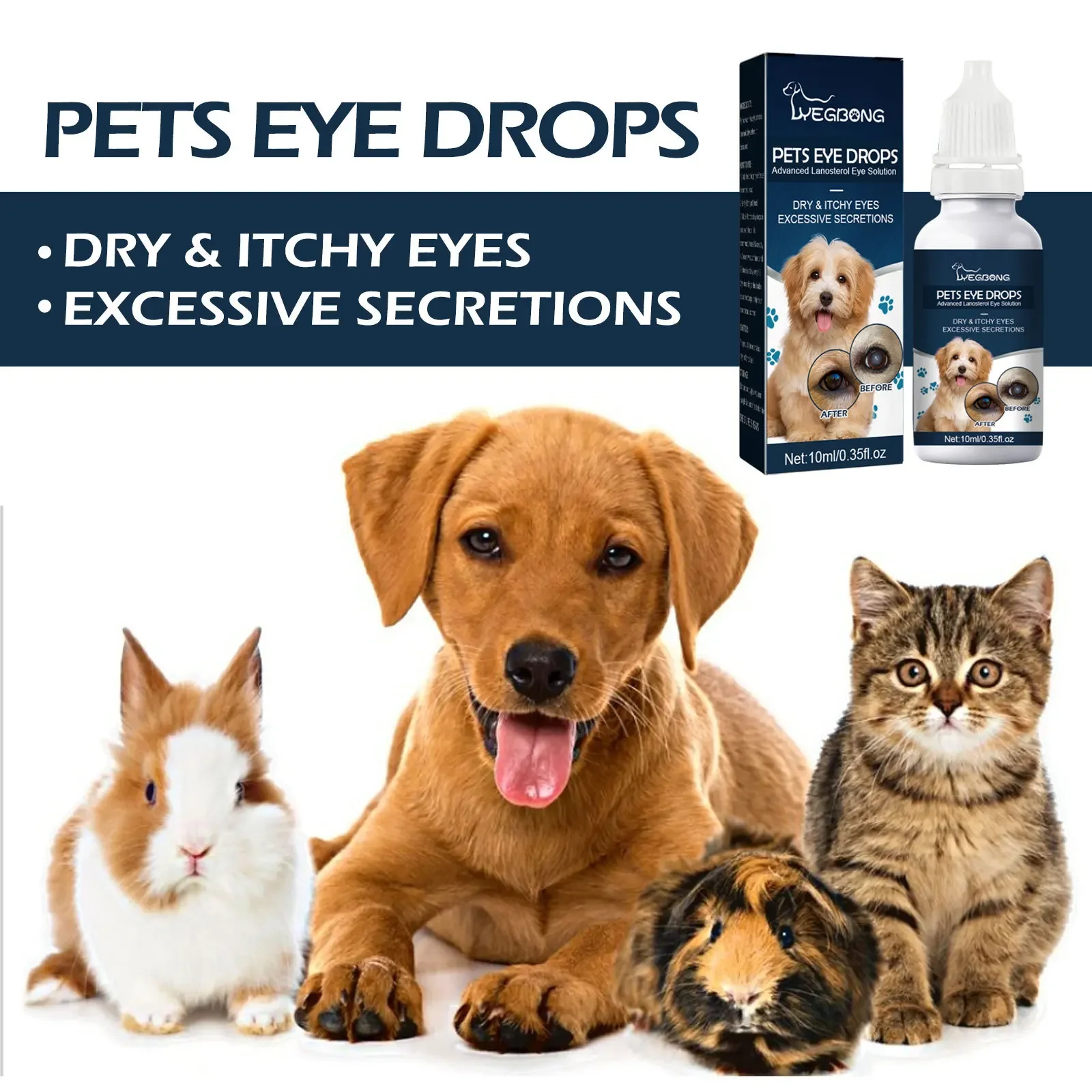 Yegbong Pet Eye Drops, Remove Tears From Cats and Dogs, Relieve Eye Itching, Gently Cleanse The Face, and Clear Eye Drops.