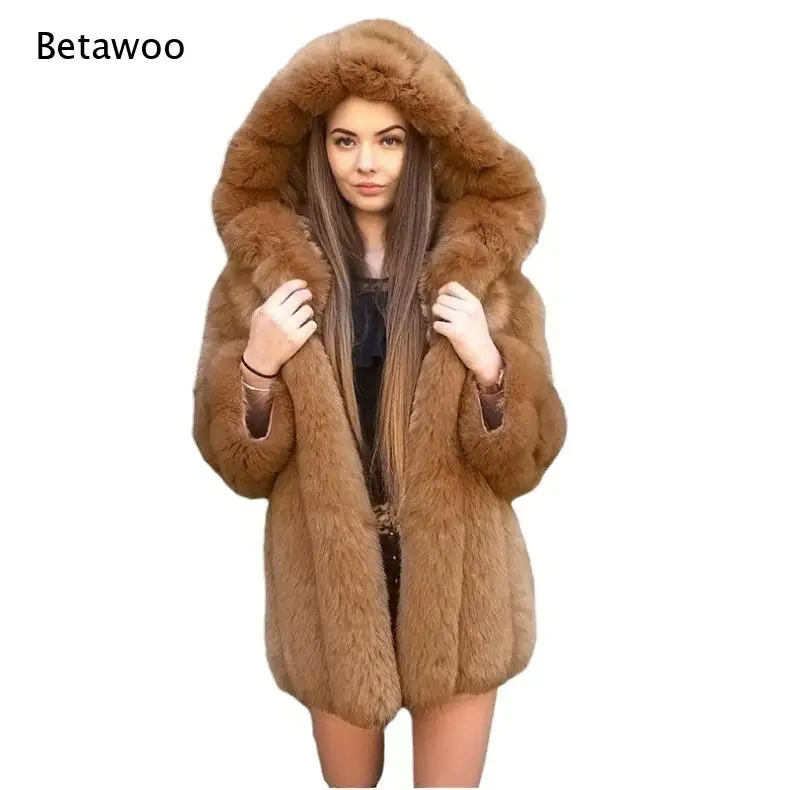 Ladies Big Hood Vertical Panel Faux Fur Overcoat Mid Long Thick Fluffy Shaggy Texture Casual Winter Outer Jacket
