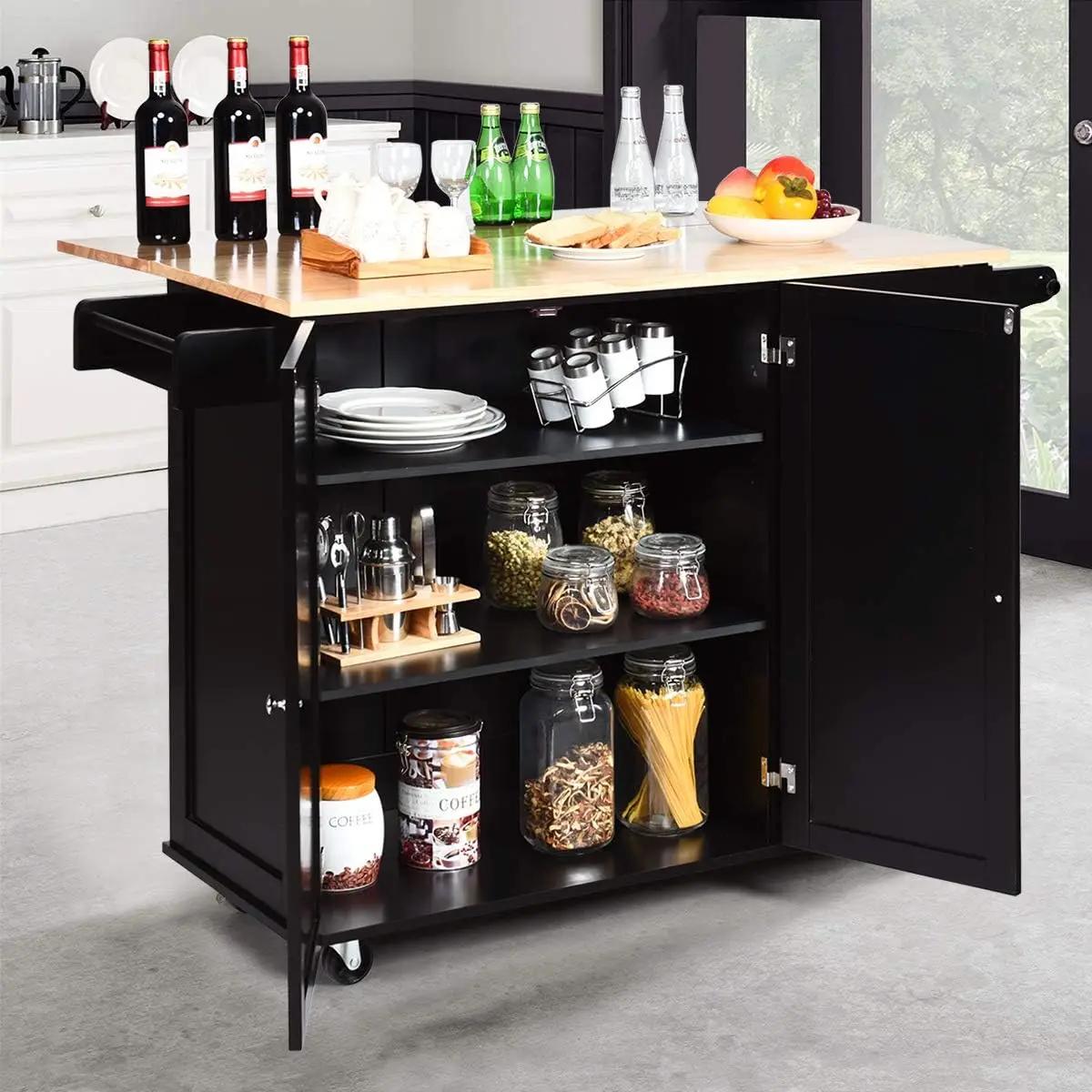 Kitchen Island Cart with Drop-Leaf Tabletop, Large Trolley Cart with Large Cabinet, 3 Drawers, Towel Rack