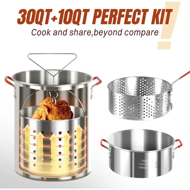 30qt Turkey Fryer & 10qt fish fryer kit, waterproof cover & 12-inch skimmer, 55.000btu propane burner stove, aluminum turkey fry