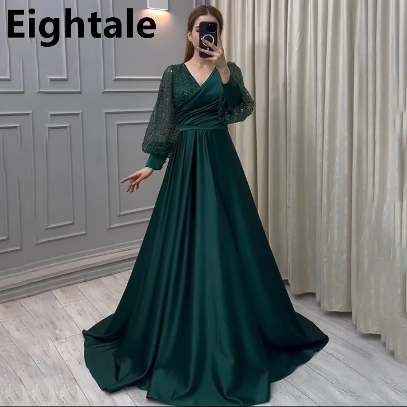 Green Customized Plus Size A Line Evening Dress Sparkly Long Sleeves V Neck Sequins Satin Formal Prom Party Gown vestidos