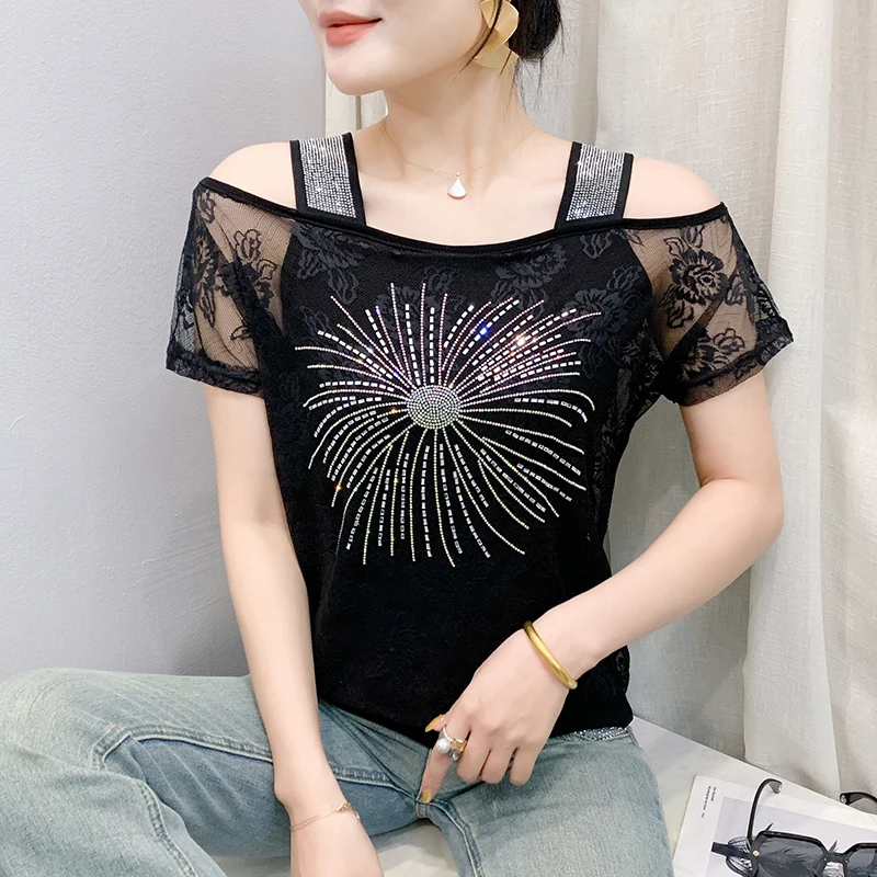 NEW Summer New Lace Top Women\'s Clothes Fashion Sexy  Off Shoulder Hot Diamonds Loose Mesh T-Shirts Blusas